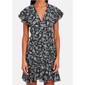 Veronica Beard Marla Silk Floral Ruched Mini Dress Black Blue Ruffle Sleeve